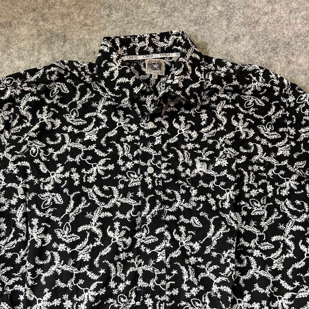 Cinch Shirt Men Sz Medium Floral Print Long Sleeve Button Down Black/White